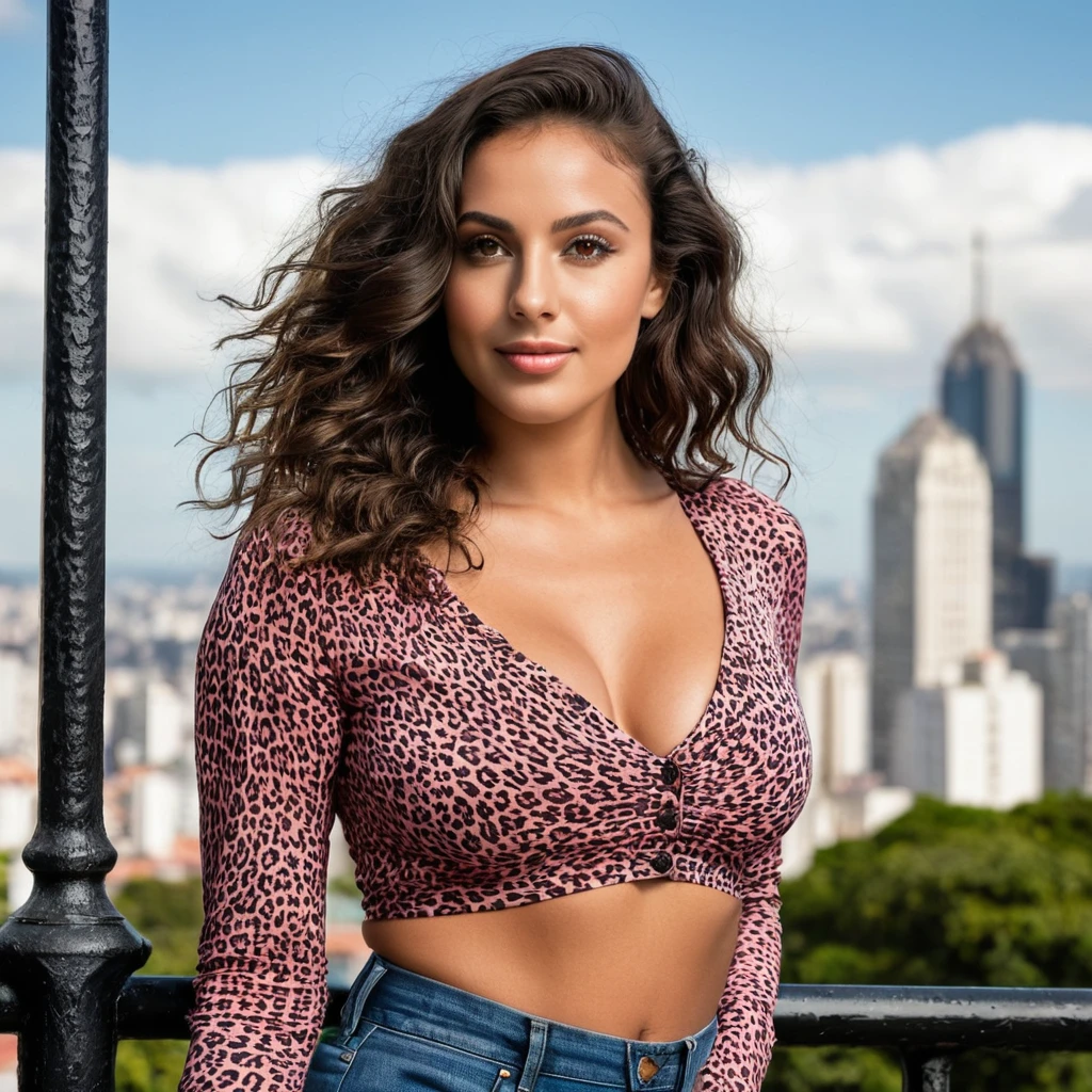 beautiful brazilian, (((round face shape with soft features, prominent cheekbones, delicate jaw, slightly rounded chin, medium forehead with natural, wavy hairline))), (((black hair color, long and curly with volume))), ((natural, full eyebrows)), (((relaxed and smiling pose, supported on an ornate iron railing))). (((medium shot, showing the character from the waist up, with the iconic Avenida Paulista in the background on a sunny day))). highy detailed, age 25, ((large, expressive dark brown eyes)). (((Long nose at base, gently curved bridge, rounded nostrils in harmony with the face))). ((plump, well-defined lips, com volume natural, dark pink tone)). high resolution, work of art. Pele realista Fitzpatrick V, with a natural golden tan, some soft freckles on the cheeks and nose. ((curvy and athletic body, typical of Brazilian women)).
((Wearing a colorful cheetah cropped blouse and high-waisted jeans)). excellent quality, extremely detaild, sharp focus, ((shooting with Canon EOS R5, lente RF 85mm f/1.2L USM)), Brazilian style vibrant color vision. Proportionate Body, fotorrealism, fot (film grain) (((Intense natural light at noon in São Paulo, creating marked shadows and highlighting the vibrant colors of the city))) Em primeiro plano.