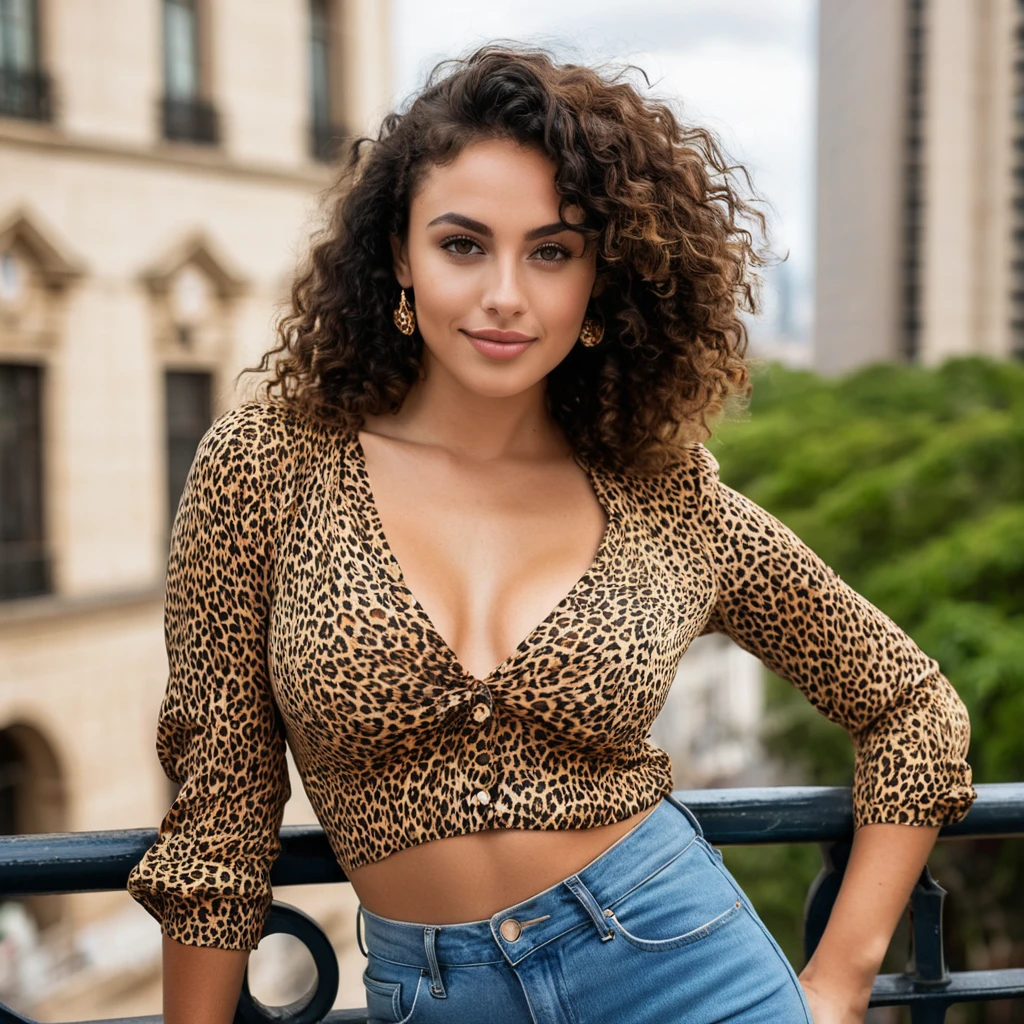 beautiful brazilian, (((round face shape with soft features, prominent cheekbones, delicate jaw, slightly rounded chin, medium forehead with natural, wavy hairline))), (((black hair color, long and curly with volume))), ((natural, full eyebrows)), (((relaxed and smiling pose, supported on an ornate iron railing))). (((medium shot, showing the character from the waist up, with the iconic Avenida Paulista in the background on a sunny day))). highy detailed, age 25, ((large, expressive dark brown eyes)). (((Long nose at base, gently curved bridge, rounded nostrils in harmony with the face))). ((plump, well-defined lips, com volume natural, dark pink tone)). high resolution, work of art. Pele realista Fitzpatrick V, with a natural golden tan, some soft freckles on the cheeks and nose. ((curvy and athletic body, typical of Brazilian women)).
((Wearing a colorful cheetah cropped blouse and high-waisted jeans)). excellent quality, extremely detaild, sharp focus, ((shooting with Canon EOS R5, lente RF 85mm f/1.2L USM)), Brazilian style vibrant color vision. Proportionate Body, fotorrealism, fot (film grain) (((Intense natural light at noon in São Paulo, creating marked shadows and highlighting the vibrant colors of the city))) Em primeiro plano.