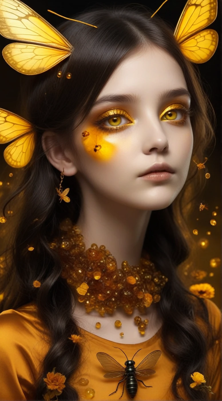 Hybridexa insect deep in amber, A dark and mysterious world unfolds, A surreal dead girl with liquid gold eyes wanders around, Lost in amber&#39;s mysterious dream world, surrealism  