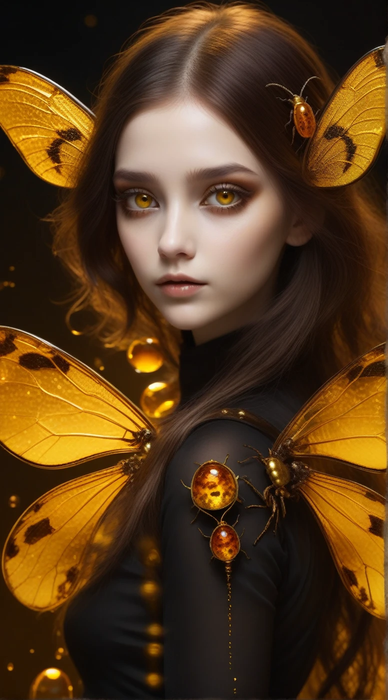 Hybridexa insect deep in amber, A dark and mysterious world unfolds, A surreal dead girl with liquid gold eyes wanders around, Lost in amber&#39;s mysterious dream world, surrealism  