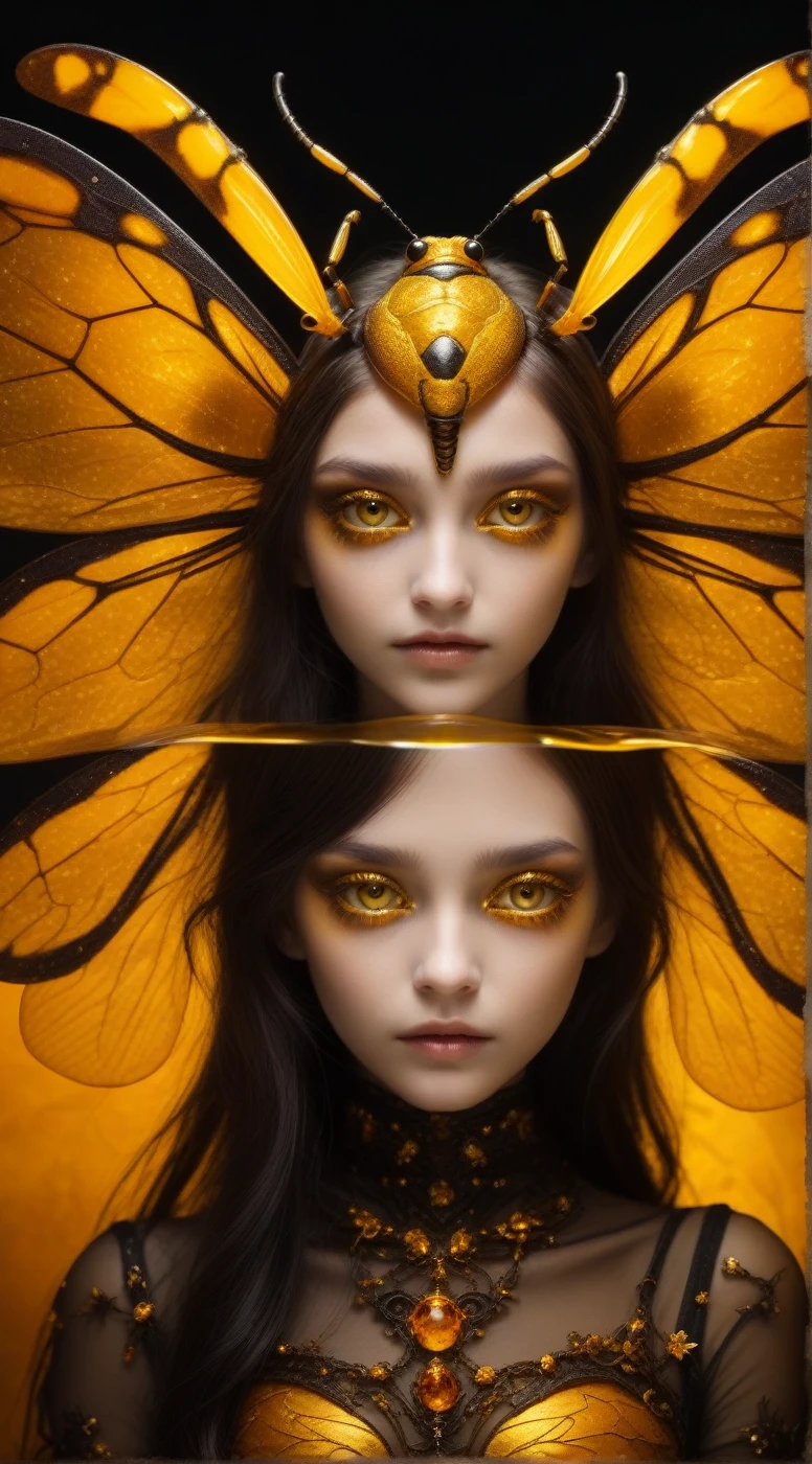 Hybridexa insect deep in amber, A dark and mysterious world unfolds, A surreal dead girl with liquid gold eyes wanders around, Lost in amber&#39;s mysterious dream world, surrealism  