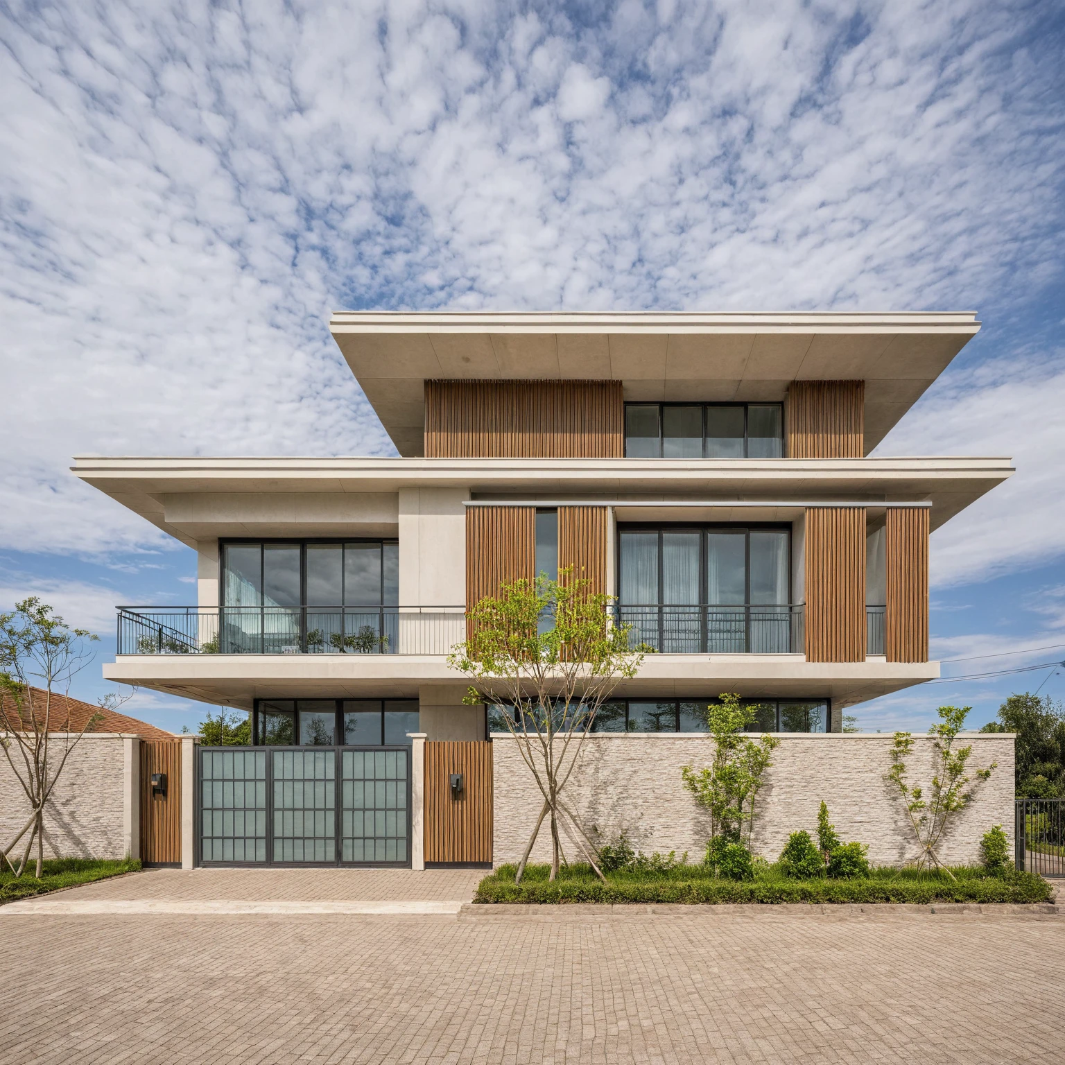 Boss of'ouvrages d'art, high quality, best quality, authentique, Great detail, En plein air, plain-piedVilla XL, credit group, style de maison moderne dans la rue ,stairs, white wall ,road,pavement, grass, trees, sky, clouds, (day light:1.1)