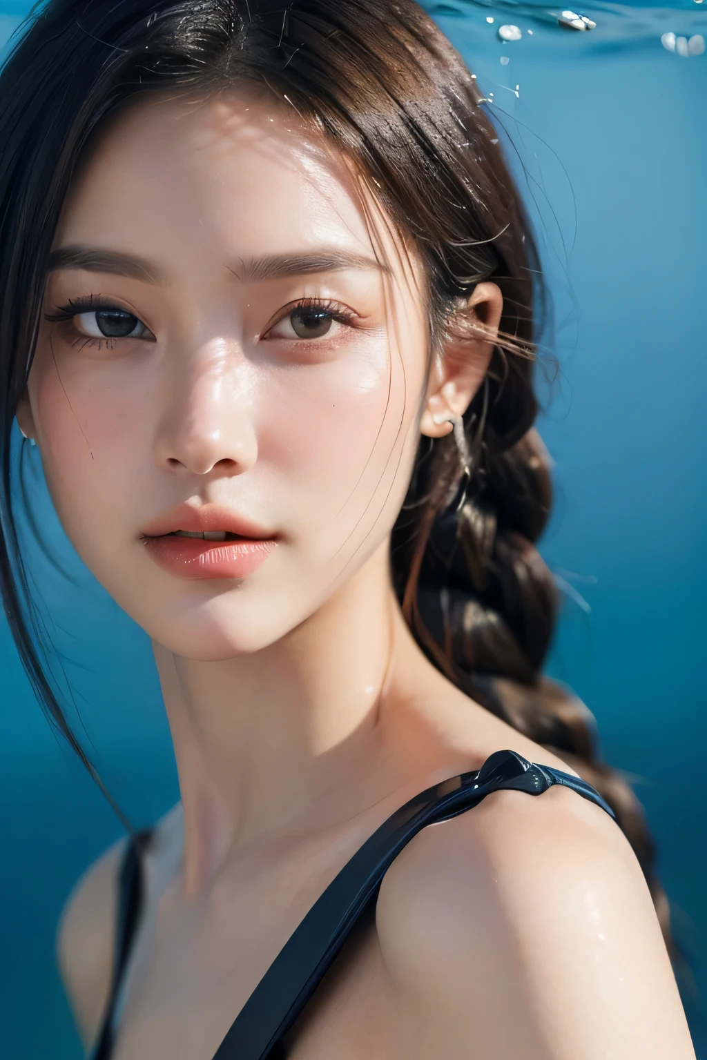 ((Top quality, excellent, very detailed: 1.5)), 1 beautiful mermaid, (head to waist portrait: 2), (realistic skin texture), fair skin, light and shadow contrast, slim, (beautiful perfect face: 1.8), underwater diving, braids