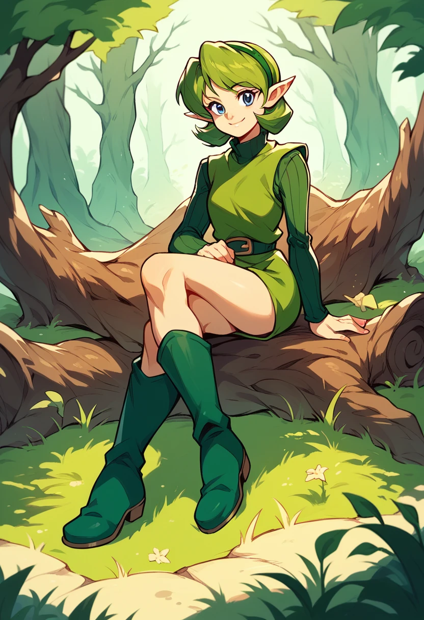 saria, sitting, crossed legs, wood, looking at viewer, smile, holdin an ocarina, green hair, boots