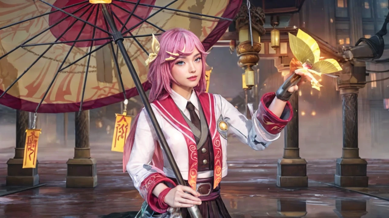 a fashion woman,Blunt bob,gradient hair,aerial shot,ancient city of Kyoto is a treasure trove of traditional Japanese culture and architecture, with temples, shrines, and tea houses,style by Paul Thomas Anderson,epic Detailed illustration vibrant extremely hyper aesthetic,Phase One XF IQ4 150MP,spotlight