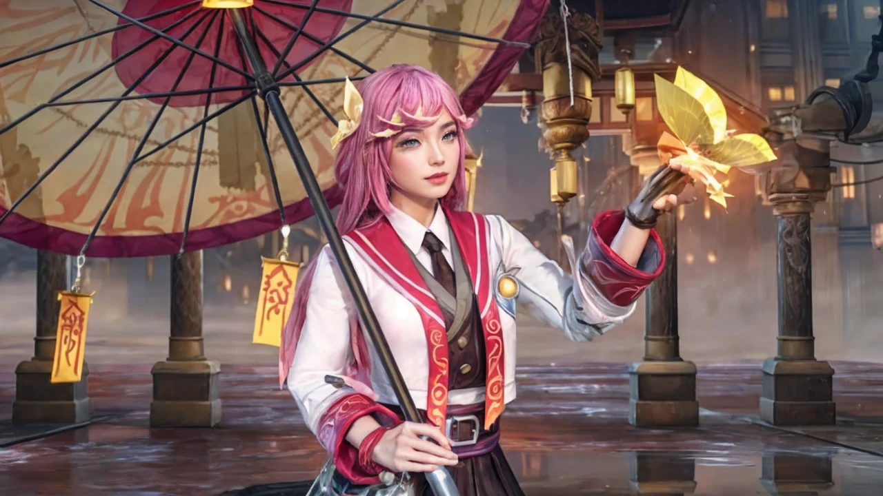 a fashion woman,Blunt bob,gradient hair,aerial shot,ancient city of Kyoto is a treasure trove of traditional Japanese culture and architecture, with temples, shrines, and tea houses,style by Paul Thomas Anderson,epic Detailed illustration vibrant extremely hyper aesthetic,Phase One XF IQ4 150MP,spotlight