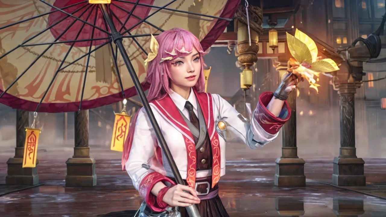 a fashion woman,Blunt bob,gradient hair,aerial shot,ancient city of Kyoto is a treasure trove of traditional Japanese culture and architecture, with temples, shrines, and tea houses,style by Paul Thomas Anderson,epic Detailed illustration vibrant extremely hyper aesthetic,Phase One XF IQ4 150MP,spotlight