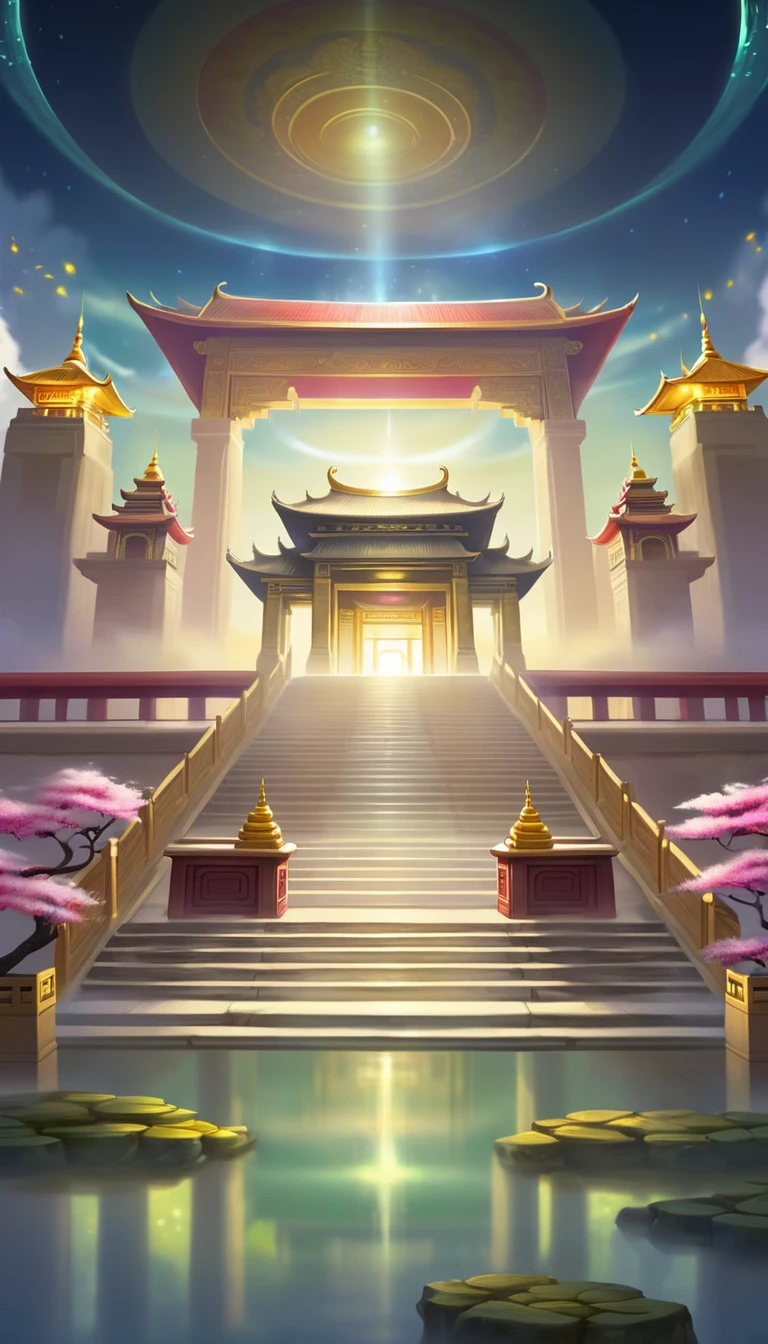 There is a painting，There is a building in the painting，There are stairs leading to the building above, Temple Background, Depicting the background of the temple, Palace Background, mysterious temple setting, background technology, Kingdom of Light Background, A mysterious temple, Mobile game background, background technologywork, Entering the Etheric Realm, zen Temple Background, Arena Background, Background of the site, Heaven&#39;s Gate, Galaxy Temple, Pagoda Figures