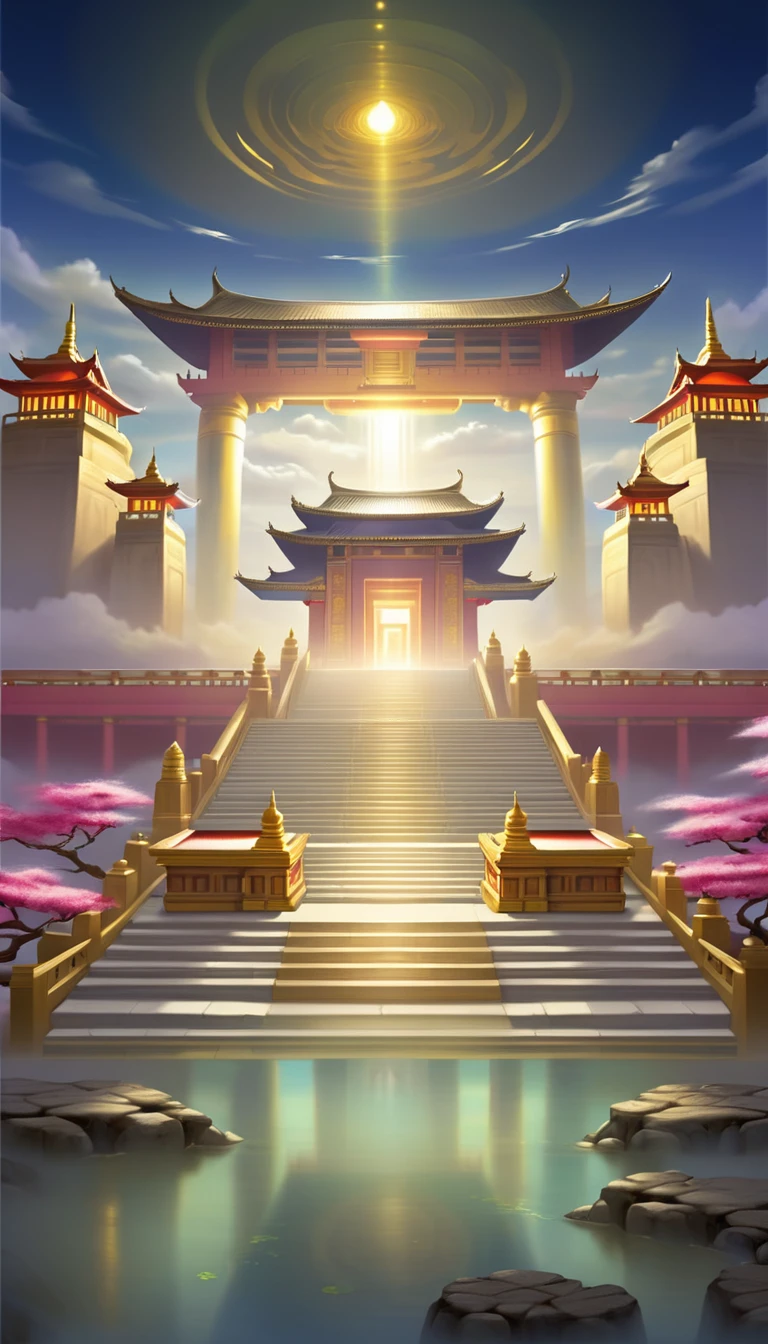 There is a painting，There is a building in the painting，There are stairs leading to the building above, Temple Background, Depicting the background of the temple, Palace Background, mysterious temple setting, background technology, Kingdom of Light Background, A mysterious temple, Mobile game background, background technologywork, Entering the Etheric Realm, zen Temple Background, Arena Background, Background of the site, Heaven&#39;s Gate, Galaxy Temple, Pagoda Figures