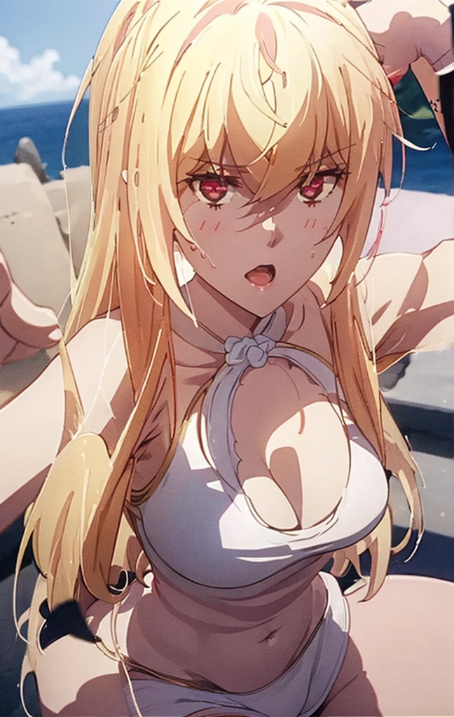 Masterpiece, best quality, highly detailed, highres, 8K, natural lighting, 1 girl, blonde hair, ahoge, ruby eyes, huge breast, black tank top, mini short pants, she wet, sexy pose, outdoor , detailed eyes, perfect eyes colors, detailed eyes, detailed finger shape, the number of fingers is not excessive