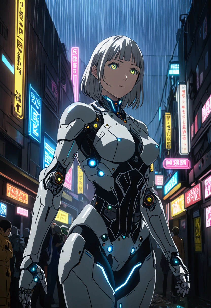 Anna Nishikinomiya, identical face and hair, with the same body as a woman but only with armor that covers her entire body, has a (black robotic armor) turned into a Cyborg, of the shoulders and torso, and robotic legs without garments or clothing only Cyborg armor, in a raining alley of a cyberpunk city (Very detailed: 1.2), (canon EOS R6 best quality: 1.2), (8k: 1.0), (emb-rrf-low: 1.0), (detailed face, ojos Very detailed 1.2), sharp focus (award-winning photo: 1.2), (subsoil dispersal: 1.2), (subsoil dispersal: 1.2). 1.1) (A beautiful ultra detailed cyborg: 1.2), ( Hyper-detailed hair: 1.2), (wonderful body: 1.2), (whole body: 1.2), (dynamic posture :1.2), neon glow, (Detailed cyber eyes:1.1), close up (Hyper realistic:1.2), role playing game, cyberpunk 2077 style, dramatic lighting, (Very detailed futuristic cityscape:1.2), (Science fiction: 1.2). 1.2), professional portrait photography, by Wlop Greg Rutkowski Jeffrey Simpson Alphonse Mucha