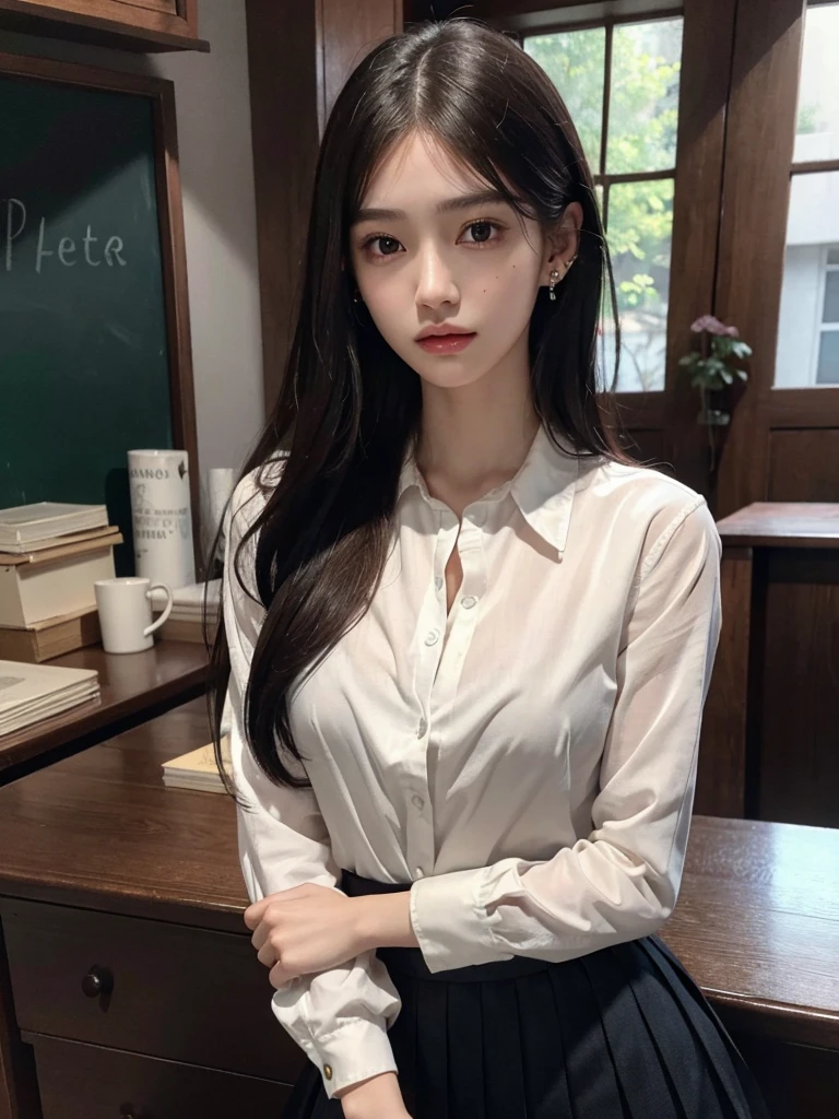 absurdres, RAW photo, extremely delicate and beautiful, masterpiece, Best Quality, ultra high resolution, 32k, hyperrealistic, ultra-detailed, perfect anatomy, super Detailed skin, perfect figure, Super Beauty, Perfect Style, Perfect balance, Beautiful Lighting, Perfect Lightning, Realistic Shadows, 20 years old, very Slim body, narrow waist, very small head, very small face, delicate facial features, handsome detailed woman, very detailed eyes and face, realistic face proportions, Realistic beautiful face, Realistic beautiful eyes, tearful mole, earring, very huge round breasts, legs, medium hair, whole body shot, indoor, school_uniform, dress shirt, pleated skirt,