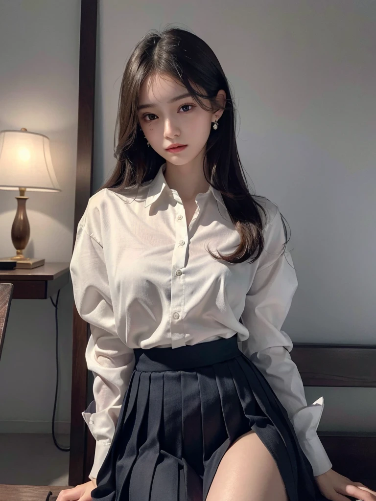 absurdres, RAW photo, extremely delicate and beautiful, masterpiece, Best Quality, ultra high resolution, 32k, hyperrealistic, ultra-detailed, perfect anatomy, super Detailed skin, perfect figure, Super Beauty, Perfect Style, Perfect balance, Beautiful Lighting, Perfect Lightning, Realistic Shadows, 20 years old, very Slim body, narrow waist, very small head, very small face, delicate facial features, handsome detailed woman, very detailed eyes and face, realistic face proportions, Realistic beautiful face, Realistic beautiful eyes, tearful mole, earring, very huge round breasts, legs, medium hair, whole body shot, indoor, school_uniform, dress shirt, pleated skirt, 