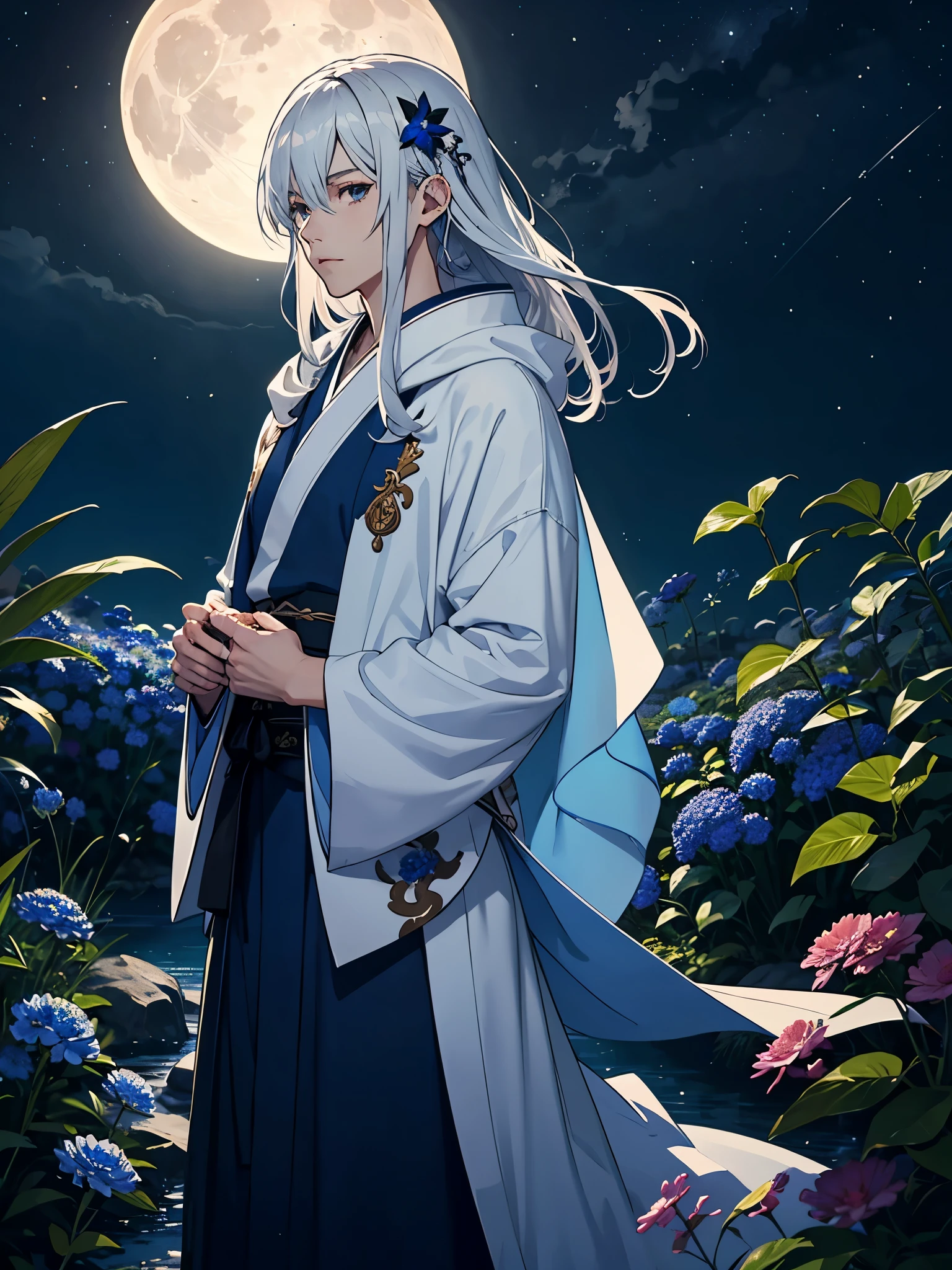 Holding a snake. Kimono blau. Jünger. Blue Clothing. Lightening flowers. More anime. male. Blue flowers. Long hair. long white hair. aquatic, boy, God of the Moon, silver hair accessories, White hair, White dress, cape, at night.