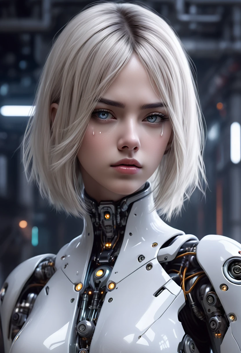 A voluptuouse futuristic female android with a white bob haircut, looking melancholic. Her face is a blend of human and machine, with visible mechanical components and synthetic skin. She has tears running down her face, emphasizing a sense of sorrow or emotional depth. Her neck and shoulders are intricately designed with exposed circuits and machinery, showcasing advanced technology. The background is minimalist with faint lines and circuit patterns, highlighting the sci-fi theme."