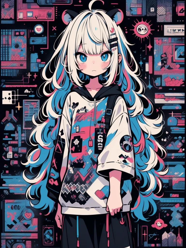 high quality、Dark Color Palette、high resolution、cute 、An unprecedented number of draws、Anime Style、Geometric background、［white guitar］、 Semi-acoustic guitar、Sticker Style、Wolf Hair、Gray Hair、Blue eyes, Until death, title, Baggy clothes, self-harm, teacher, dark, Pushed down, Eye bags, Heavy Eyes, Blue Eyes, Blood, scared, EroGuro, Bear, Neon Light, Eye strain, fail, Retro, scared,