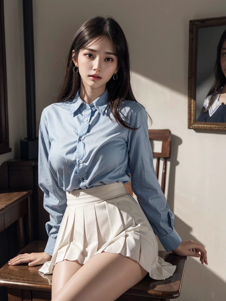 absurdres, RAW photo, extremely delicate and beautiful, masterpiece, Best Quality, ultra high resolution, 32k, hyperrealistic, ultra-detailed, perfect anatomy, super Detailed skin, perfect figure, Super Beauty, Perfect Style, Perfect balance, Beautiful Lighting, Perfect Lightning, Realistic Shadows, 20 years old, very Slim body, narrow waist, very small head, very small face, delicate facial features, handsome detailed woman, very detailed eyes and face, realistic face proportions, Realistic beautiful face, Realistic beautiful eyes, tearful mole, earring, very huge round breasts, legs, medium hair, whole body shot, indoor, school_uniform, dress shirt, pleated skirt,