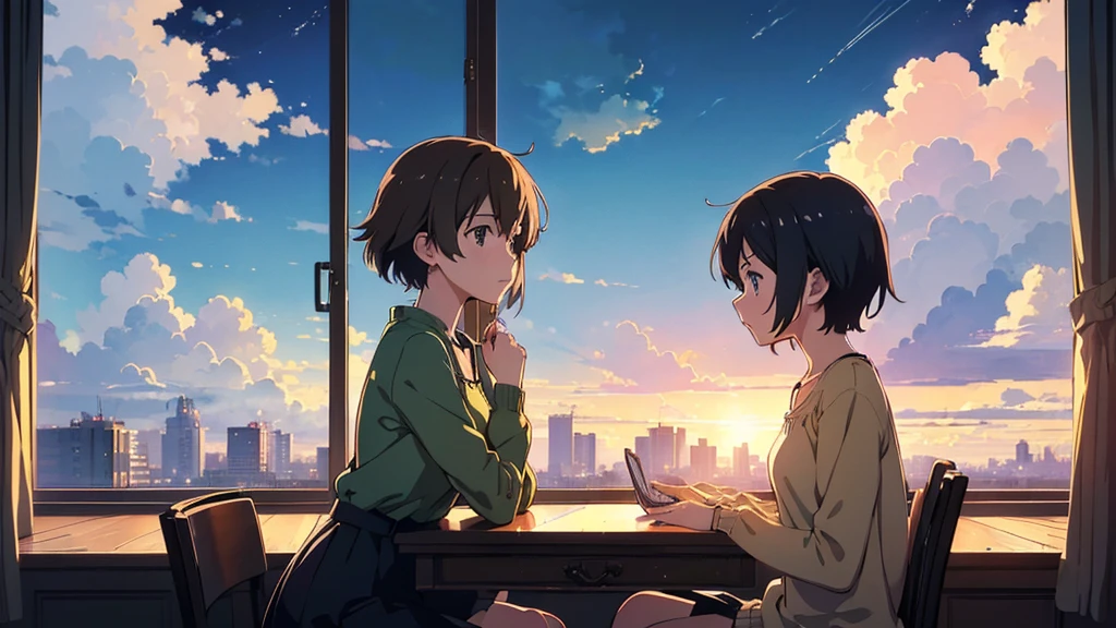 ((anime:1.4,illustration)),(Masterpiece, Highest quality, best quality),(Very detailed, Absolutely resolution.),((16ก, high resolution)), (((girl, study in the library, cat, sky, Cumulonimbus clouds)) ((cozy lofi illustration:1.4)), ((anime:1.4, illustration)),(Masterpiece, Highest quality, best quality),(Very detailed, Absolutely resolution.),((16ก, high resolution)) Take a break {Lofi art,  Greasley style, Makoto Shinkai&#39;s style, anime aesthetic}, Take a break { (Create images containing more than 40 megapixels of data with detailed, cinematic textures captured with a Sony SLR.).}