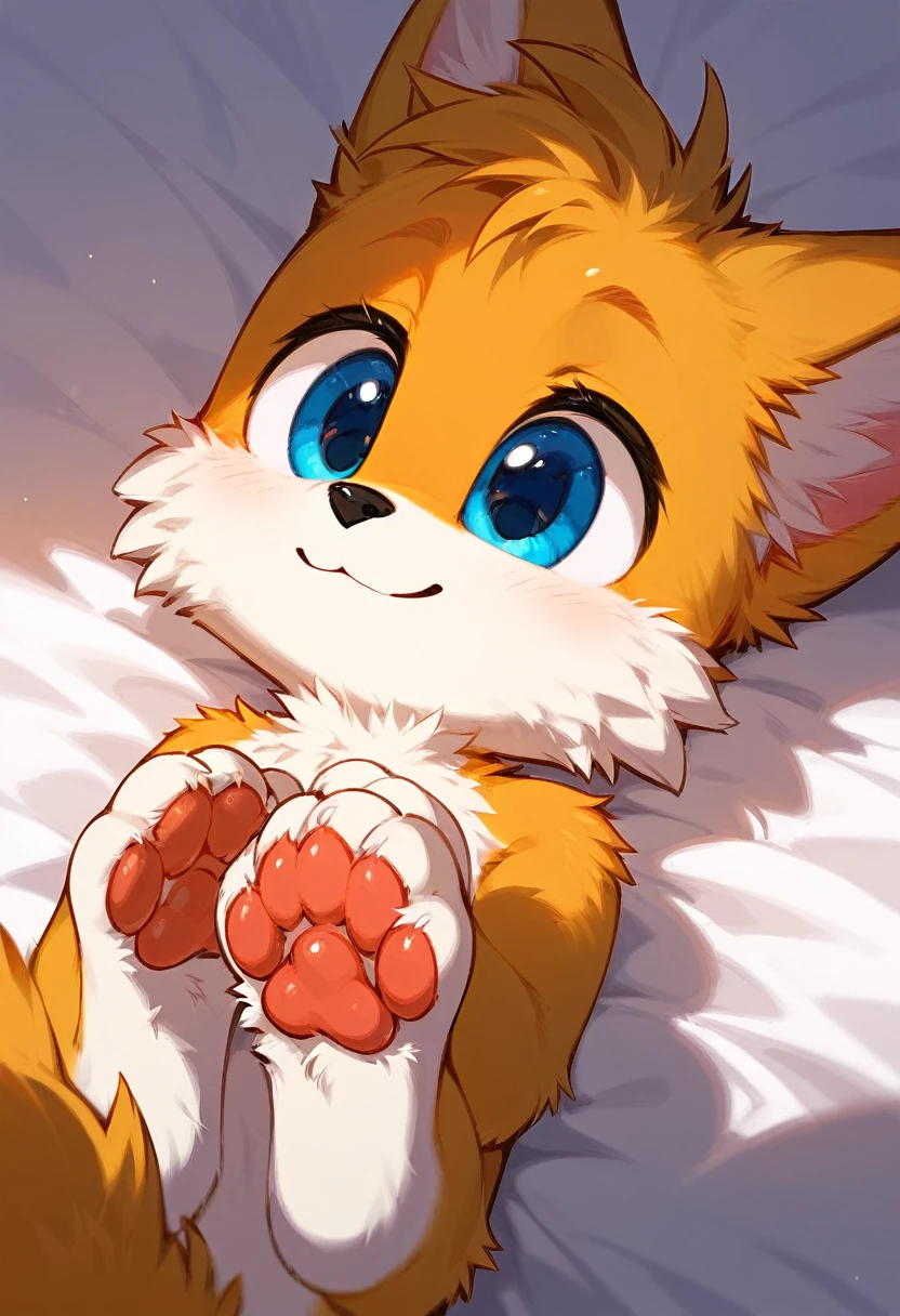 Solo, score_9,score_8_up score_7_up, anthro, Tails Miles Prower, yellow fox, male, smiling, laying on a bed, laying down, close up, four toes, 4 toes, feet, paws, focus on feet, pawpads, pawpad, cute paws, furry paws, (sfw:1.2), cute, (barefoot:1.2), pink pawpads