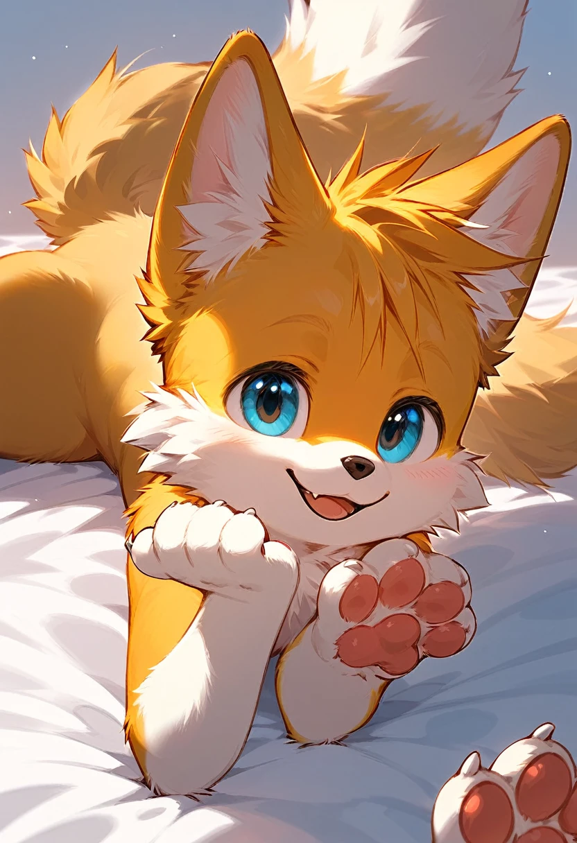 Solo, score_9,score_8_up score_7_up, anthro, Tails Miles Prower, yellow fox, male, smiling, laying on a bed, laying down, close up, four toes, 4 toes, feet, paws, focus on feet, pawpads, pawpad, cute paws, furry paws, (sfw:1.2), cute, (barefoot:1.2), pink pawpads