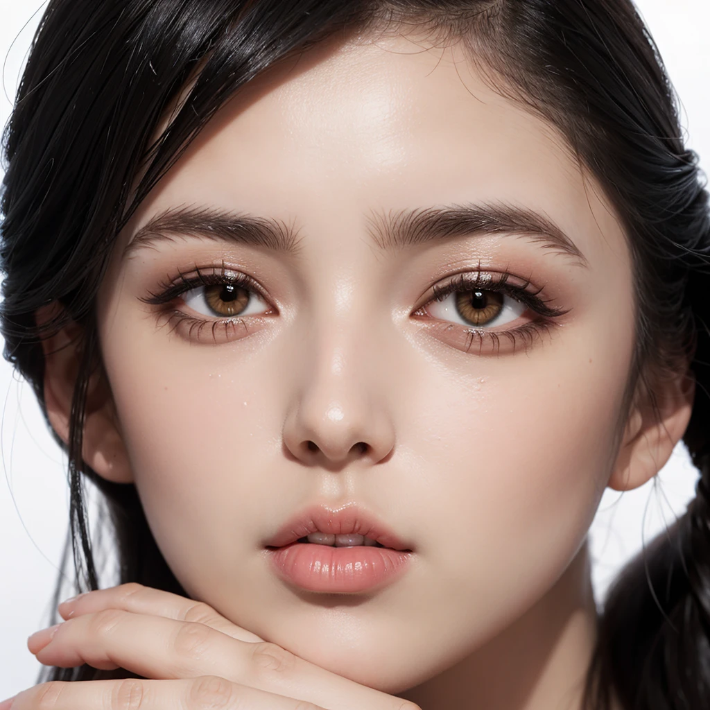 Professional studio portrait of a lash salon model, left side profile (90 degrees), striking eyebrows and eyelashes, white background, high-key lighting, beauty photography, detailed facial features, sharp focus