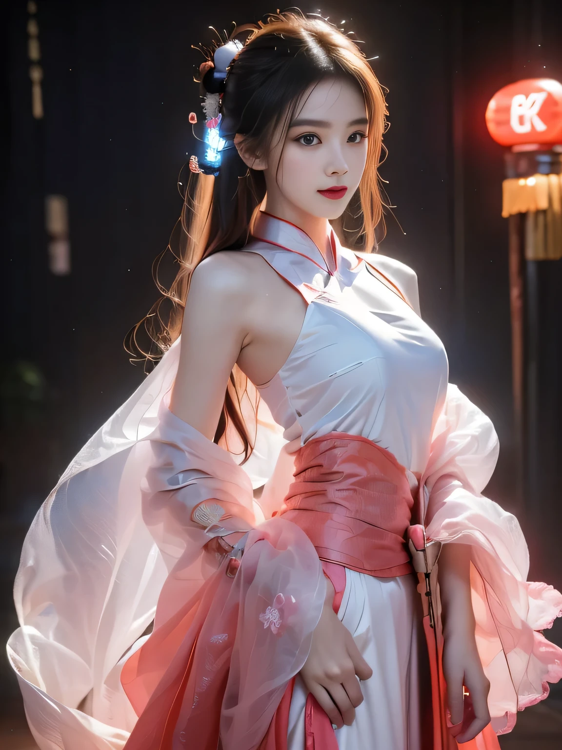 1 girl solo, perfect_hand, (8K, Raw photo, best quality, masterpiece:1.2), (Practical, photo-Practical:1.4), (extremely detailed CG unity 8K wallpaper),whole body, (Neon lights), Markup, Robotic Arm, Hanfu, Chinese clothes, skirt, Pretty Face,(Hidden Shot:1.1), epic Practical,Raw, simulation