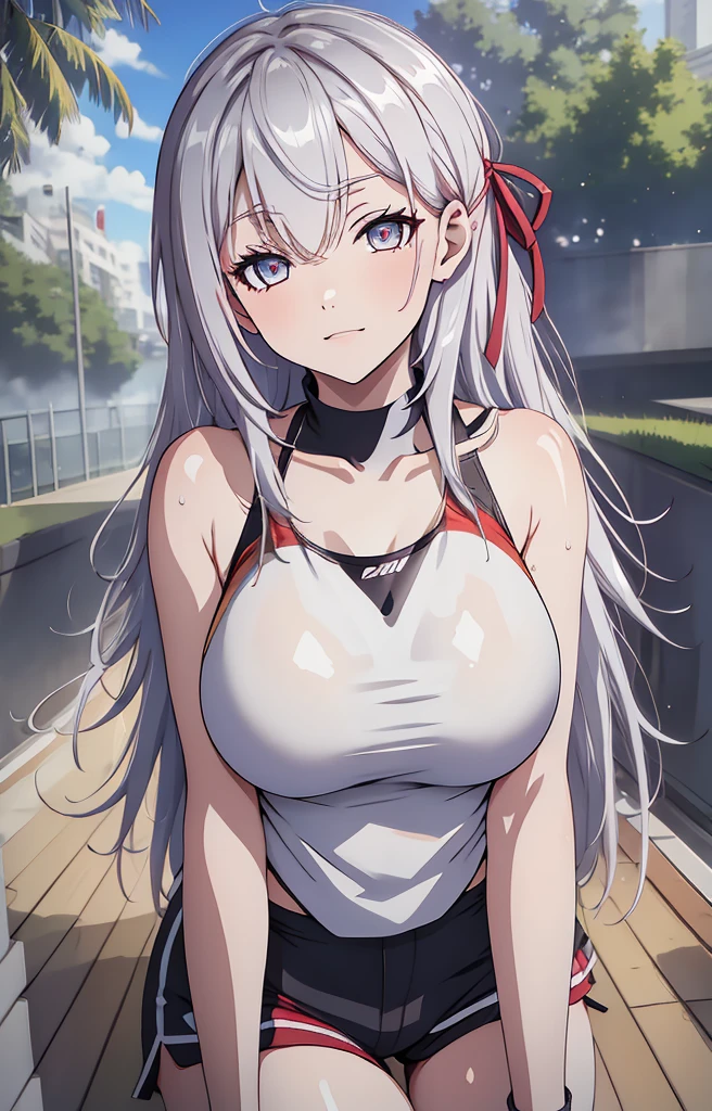 Masterpiece, best quality, highres, highly detailed, 1 girl, long hair, white hair, half - up style hair, red ribbons in right side hair, red eyes, large breast, white tank top, mini shorts, she wet, drenched, nipple perked out from under shirt, wet clothes sticking to her body, outdoor, public park, looking at viewers, perfect finger shape, the number of fingers is not excessive