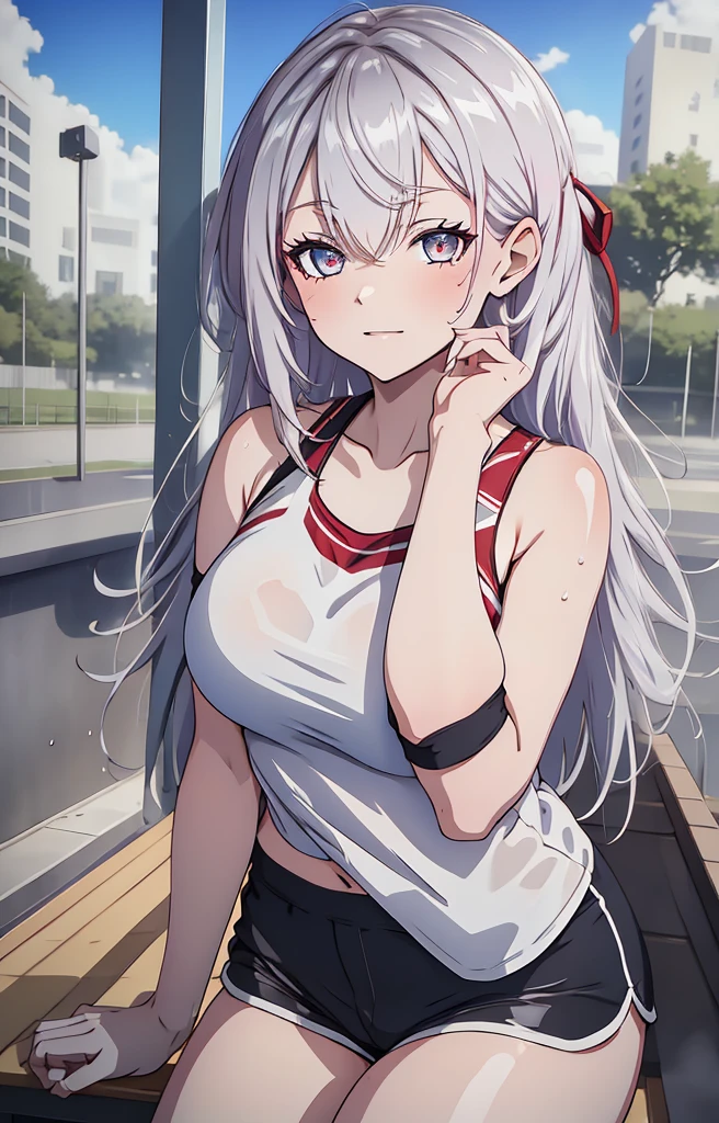 Masterpiece, best quality, highres, highly detailed, 1 girl, long hair, white hair, half - up style hair, red ribbons in right side hair, red eyes, large breast, white tank top, mini shorts, she wet, drenched, nipple perked out from under shirt, wet clothes sticking to her body, outdoor, public park, looking at viewers, perfect finger shape, the number of fingers is not excessive