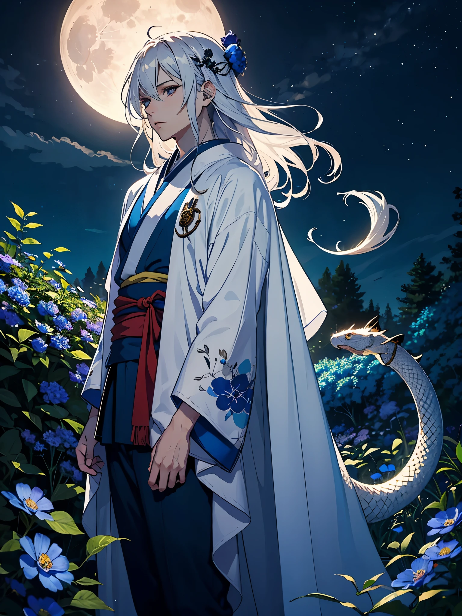 Holding a snake. Kimono blau. Jünger. Blue Clothing. Lightening flowers. More anime. male. Blue flowers. Long hair. long white hair. aquatic, boy, God of the Moon, silver hair accessories, White hair, White dress, cape, at night.