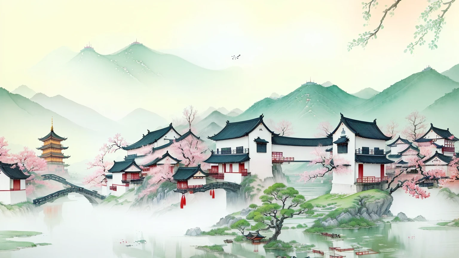 painting of a chinese village with a bridge and a pagoda, chinese watercolor style, chinese painting style, chinese style painting, dreamy chinese town, scenery artwork, beautiful art uhd 4 k, traditional chinese watercolor, japanese style painting, traditional chinese painting, chinese village, traditional chinese ink painting, chinese ink painting, inspired by Dong Qichang, a beautiful artwork illustration