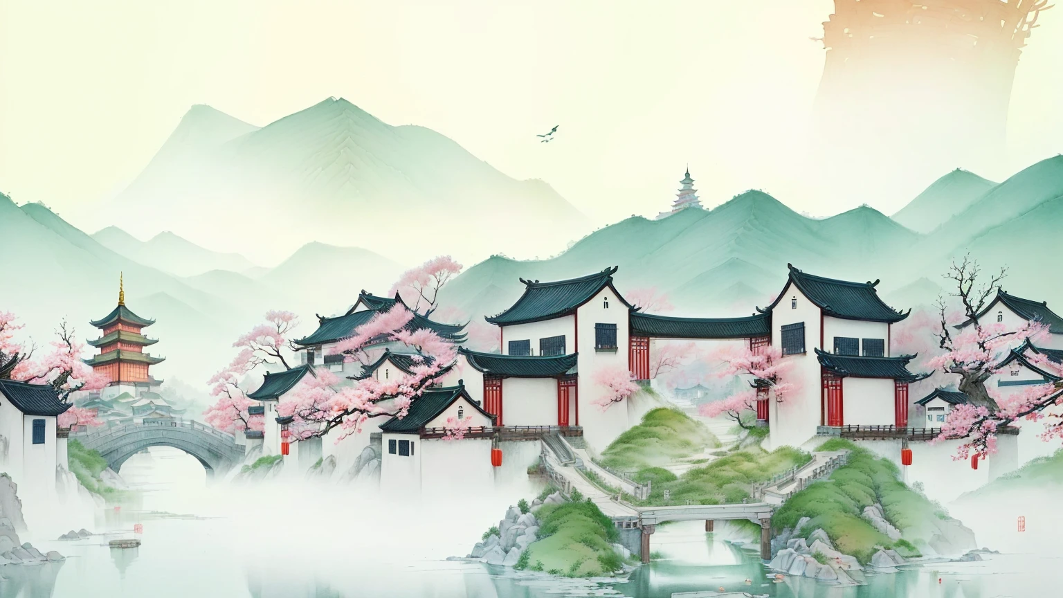 painting of a chinese village with a bridge and a pagoda, chinese watercolor style, chinese painting style, chinese style painting, dreamy chinese town, scenery artwork, beautiful art uhd 4 k, traditional chinese watercolor, japanese style painting, traditional chinese painting, chinese village, traditional chinese ink painting, chinese ink painting, inspired by Dong Qichang, a beautiful artwork illustration