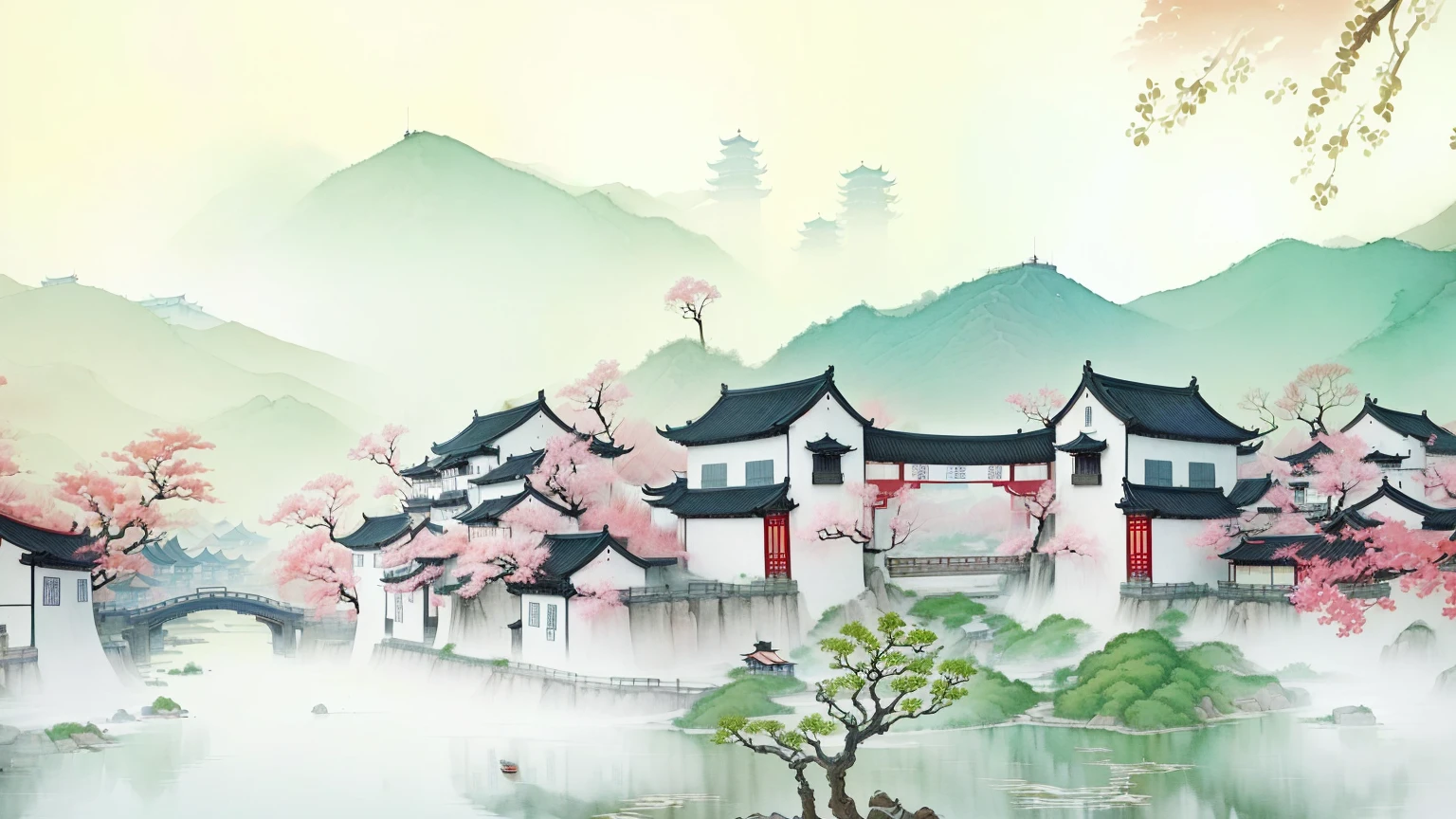 painting of a chinese village with a bridge and a pagoda, chinese watercolor style, chinese painting style, chinese style painting, dreamy chinese town, scenery artwork, beautiful art uhd 4 k, traditional chinese watercolor, japanese style painting, traditional chinese painting, chinese village, traditional chinese ink painting, chinese ink painting, inspired by Dong Qichang, a beautiful artwork illustration