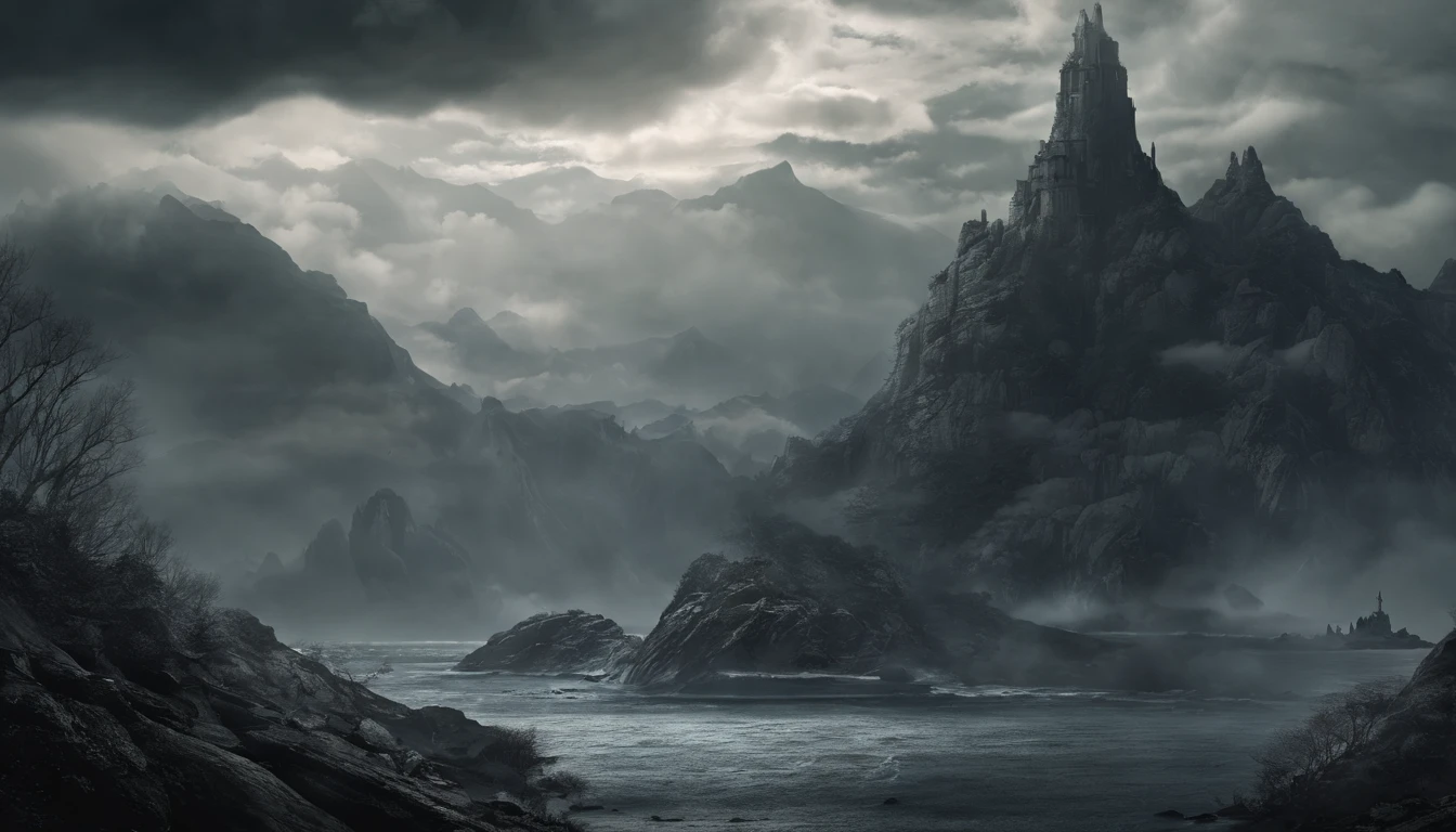 Panoramic view, lonely island on ocean, a mysterious and inaccessible dark fantasy island, rocky and rugged coastline, tall mountains with peaks hidden in the clouds, dragon island, ominous atmosphere, dramatic lighting, moody and dramatic colors, (best quality,4k,8k,highres,masterpiece:1.2),ultra-detailed,(realistic,photorealistic,photo-realistic:1.37),dramatic lighting,moody colors,dark fantasy,horror,fantasy,dramatic clouds,rocky mountains,fog,mist,dramatic coastline,jagged rocks,dragon,mystical island,dense forests,overgrown vegetation,abandoned structures,ruins,crumbling architecture