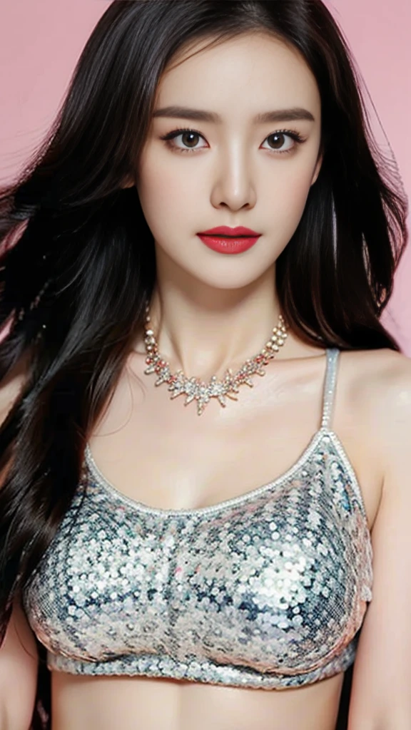 Low-cut sequined crop top，necklace. (best quality : 1.2), (masterpiece, Reality : 1.3), Super Detail, Positive face