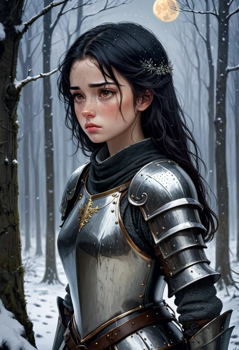 ((Best Quality)), ((Masterpiece)), (detailed), 1 girl, with freckles on his face, black hair, Brown eyes, he is wearing medieval armor, the girl is sad and conveys a feeling of melancholy, is in a forest with snowy weather while it is dawning, In the background you can see a moon