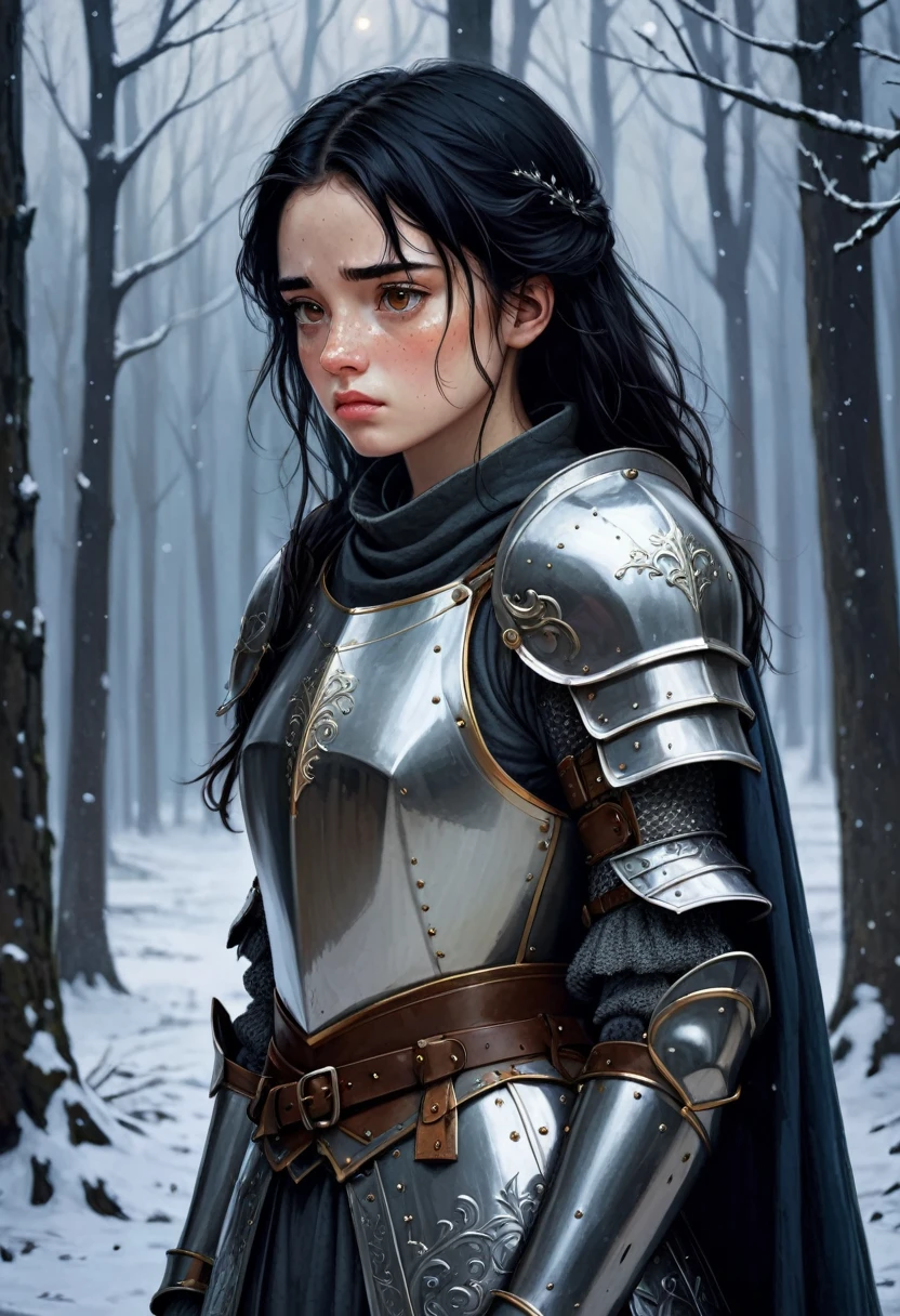 ((Best Quality)), ((Masterpiece)), (detailed), 1 girl, with freckles on his face, black hair, Brown eyes, he is wearing medieval armor, the girl is sad and conveys a feeling of melancholy, is in a forest with snowy weather while it is dawning, In the background you can see a moon