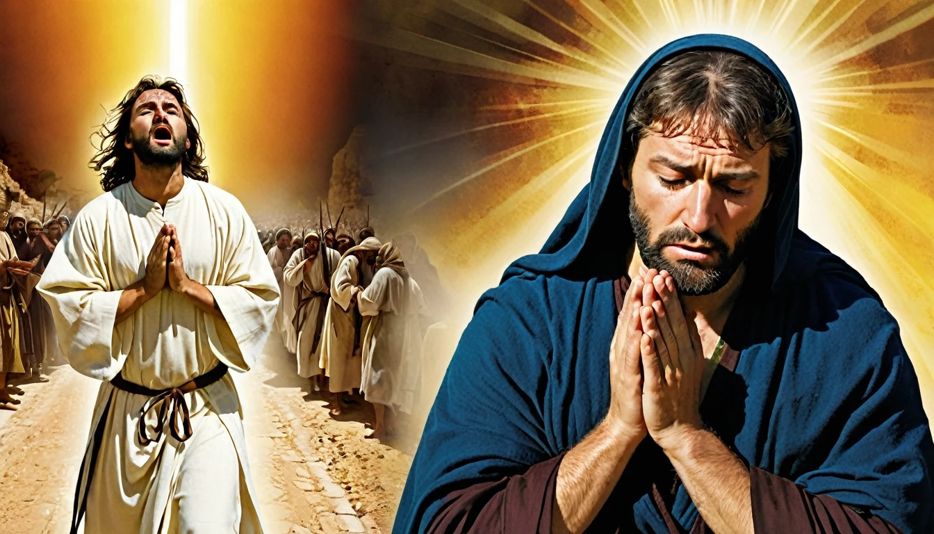 Central Image:
Paul in two moments:Pursuer: Severe expression, dark clothes, frown, holding stones/swords (symbolizing persecution).
Apostle: Serene face, white/clear robes, hands in prayer position, divine light around (symbolizing faith). Close up in Paul:
Tears in the eyes (optional), representing repentance and conversion. Stylized illustration: conveying timelessness of history. Additional Elements: Rays of light (divine revelation). Scenes: Paul stoning Stephen (persecution).
Paul falling from the horse on the road to Damascus (conversion).
Paul preaching to multitudes (apostolate). Color Combinations:
Vibrant colors: Yellow, orange and blue to capture attention and convey Paul's epic journey. Objective:
Attractive and impactful Thumbnail that captures the attention of the public and arouses curiosity about the story of Paul.