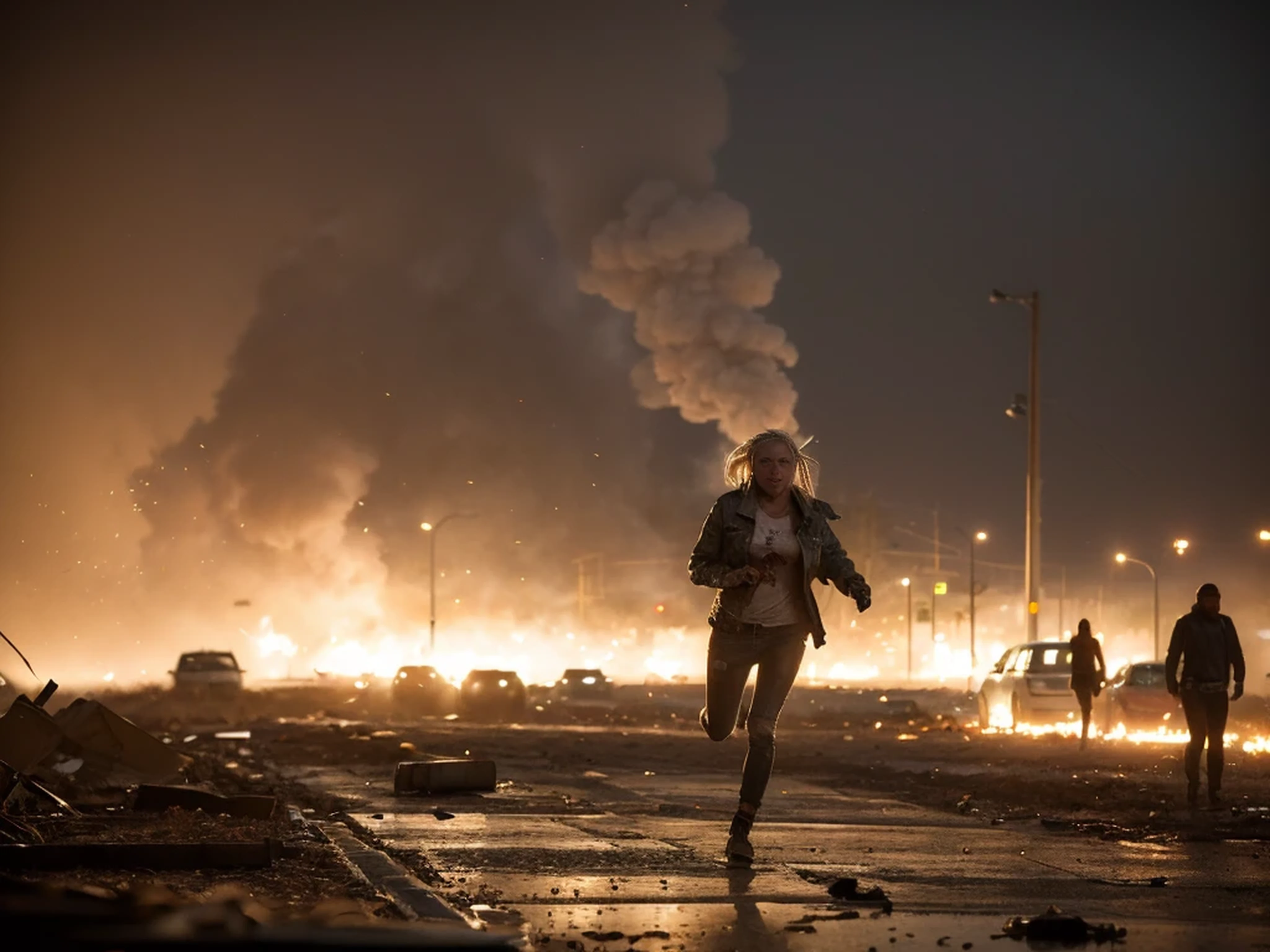 (((1 beautiful blonde woman, terrified expression, running in a future post apocalyptic street))), torn and ripped open denim jacket, bare breasts, dirty, grimy skin, ripped jeans, surrounding buildings heavily damaged, car wrecks, rubble, raining, fire, smoke, (((in the distance an angry zombie mob))), photo realistic, cinematic, masterpiece. [The character is surrounded by mist, evoking a mysterious and eerie atmosphere. The lighting is dark and atmospheric, with smoke adding a touch of sinister ambiance. Best quality image, HDR enhancement, showcasing the utmost level of detail and realism, full body shot:1.5]. [8K, Best Quality, Ultra High Resolution, (highly detailed CG unity 8k wallpaper), (best photo), cry, (best shadows), isometric 3D, octane rendering, ray tracing, highly detailed, (Best quality, 4K, 8k:1.2), absurdity, ultra detailed, (realistic, photorealistic, photorealistic:1.37), complex parts, HDR, (complex parts:1.12), (hyper detailed, hyper realistic, Soft lighting, spicy:1.2), (complex parts, Hyper detailed:1.15). Blurred foreground. (backlit), masterpiece, high quality, brightness, chromatic aberration, foggy smoke, shadows, ontrast, clear sky, (warm hue, warm tone), high details, natural reflections]. (YES SFW)