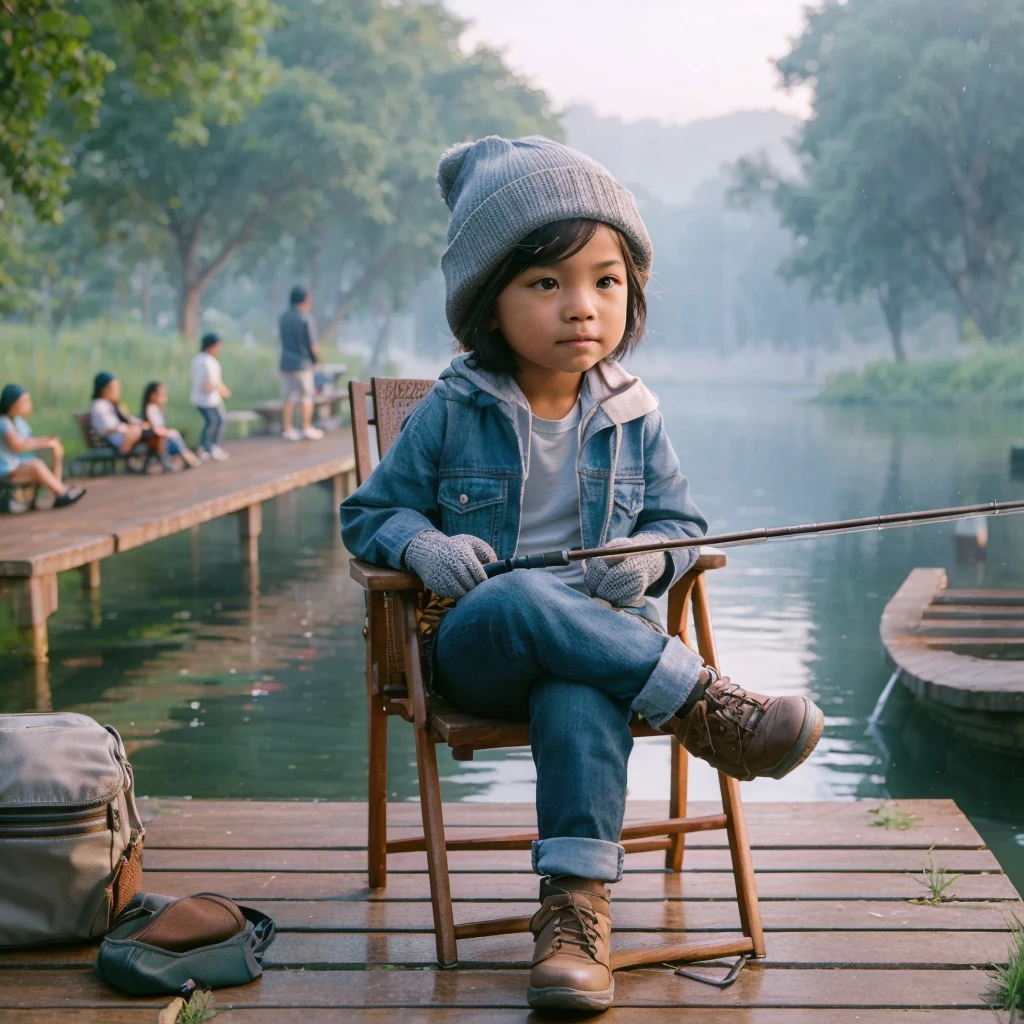 3d realistic images. 10 year old Indonesian girl wearing casual clothes beanie gloves,  is sitting on a park bench behind the lake, fishing pose, the  is wearing a