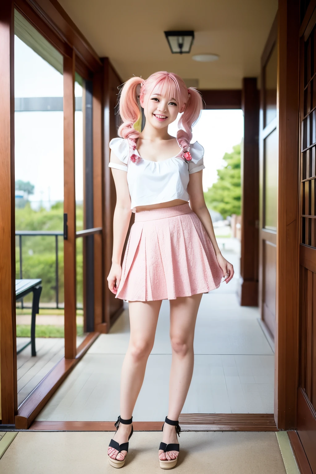 Standing in the hallway of a large house、Cute pink hair、Young girl with twin tails、Japanese、Makeup and a pretty face like an idol、Smiling、Cute outfitini skirt、Full body portrait