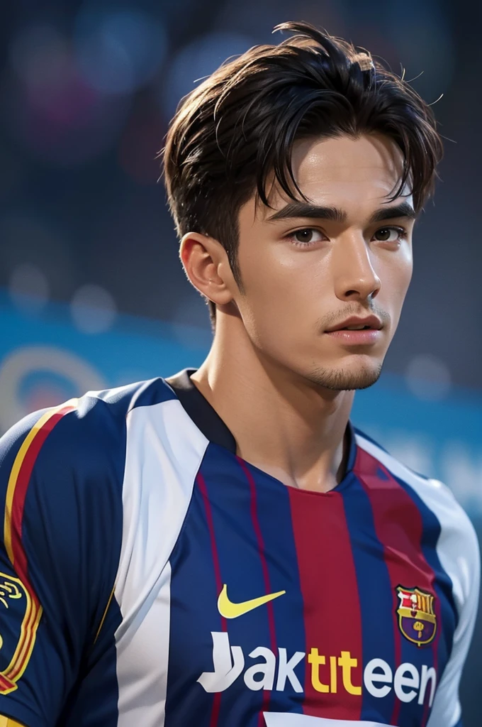 {{{FC Barcelona}}}, light, {{nike soccer jerseys}}, {{{best quality}}}, {{{realistic}}}, Detailed facial description, realistic 눈동자, Handsome man, realistic 유니폼 주름, well proportioned, Sponsor&#39;s name is Spotify, black hair, Champions League