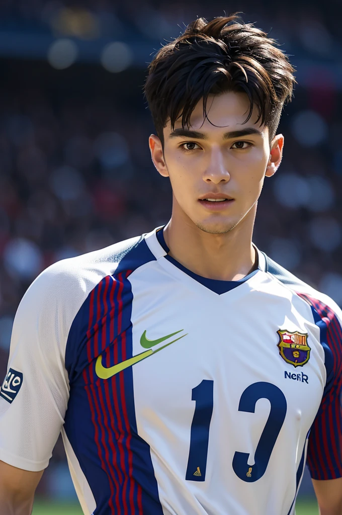 {{{FC Barcelona}}}, light, {{nike soccer jerseys}}, {{{best quality}}}, {{{realistic}}}, Detailed facial description, realistic 눈동자, Handsome man, realistic 유니폼 주름, well proportioned, Sponsor&#39;s name is Spotify, black hair, Champions League