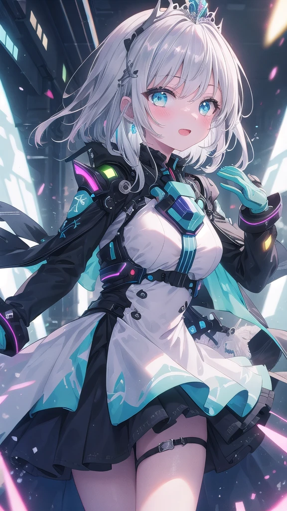 (8K, best quality, master piece: 1.3),super high resolution,1 girl, solo, cowboy shot ,ultra-detailed face, silme, (silver gray hair), thin hair clip, cyan colorshift eyes, expressive eyes, Ecstatic expression,Princess dress, chiffon, satin, pink, white, tiara, gloves, Futuristic megacity, metallic, neon blue, purple, bright and technological