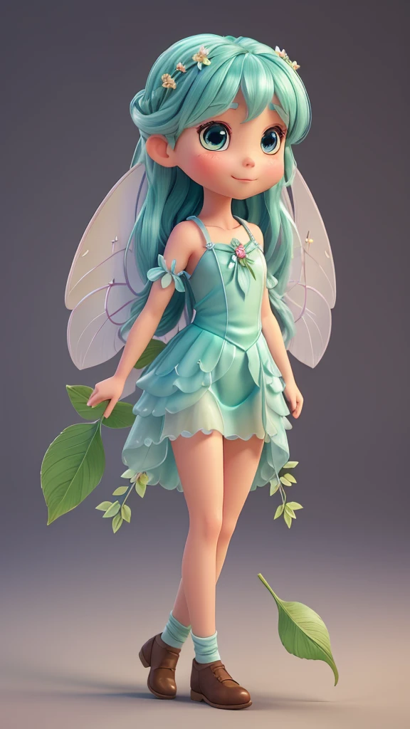 Create a half-body 3D model of a cute fairy girl. She should have delicate, ethereal features with big, expressive eyes and a sweet smile. Her hair should be long and flowing, possibly with some magical sparkle or light effects. She should have elegant, translucent wings with intricate patterns. Her outfit should be whimsical and charming, featuring a combination of natural elements like flowers and leaves, and a pastel color palette. The overall appearance should be enchanting and endearing, capturing the essence of a magical fairy.

