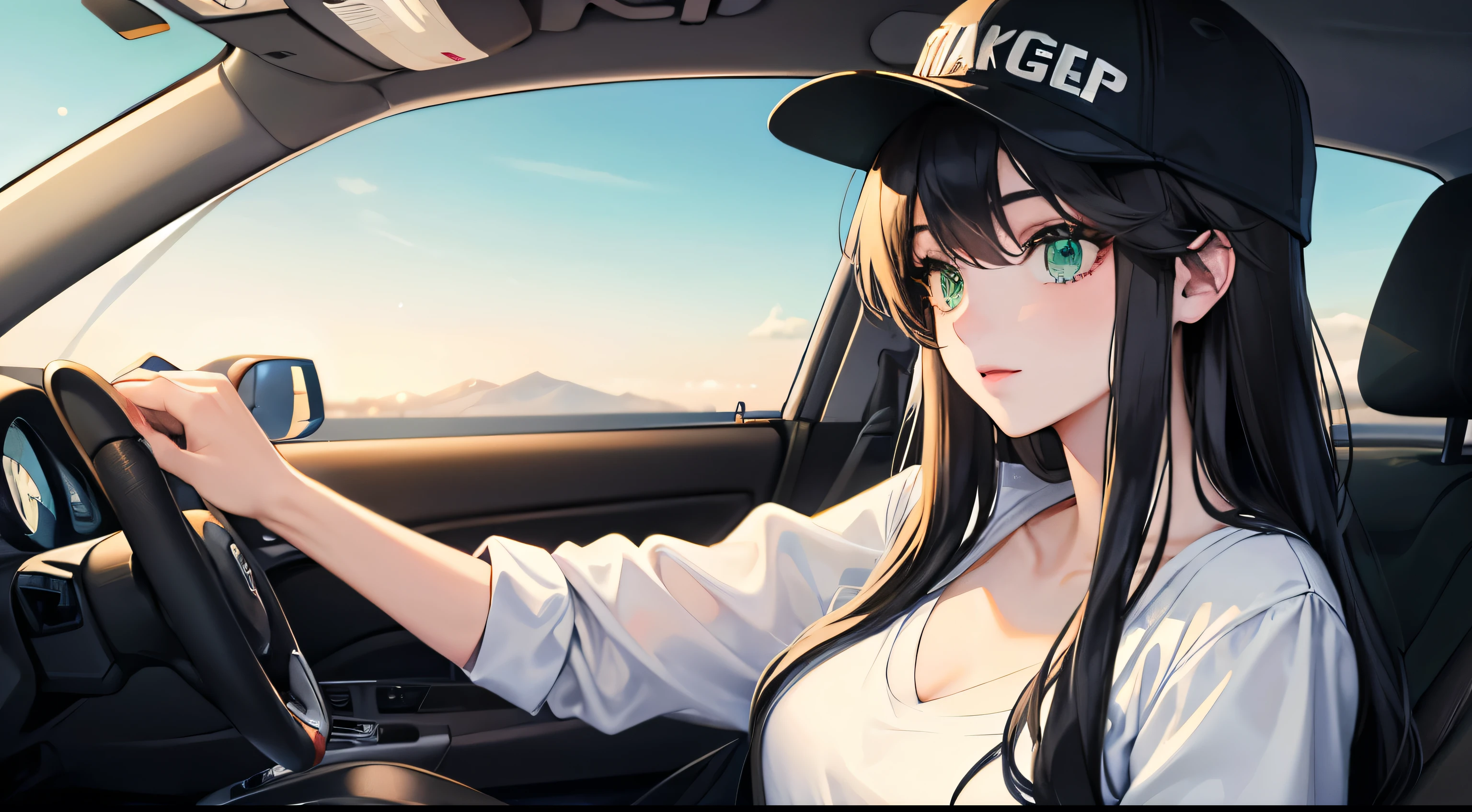 ((highest quality)), ((masterpiece)), (detailed),　beautiful girl　While driving　Wearing a cap　Casual style　driving　profile　cool　Black Hair　Green Eyes　White Ron T　driving