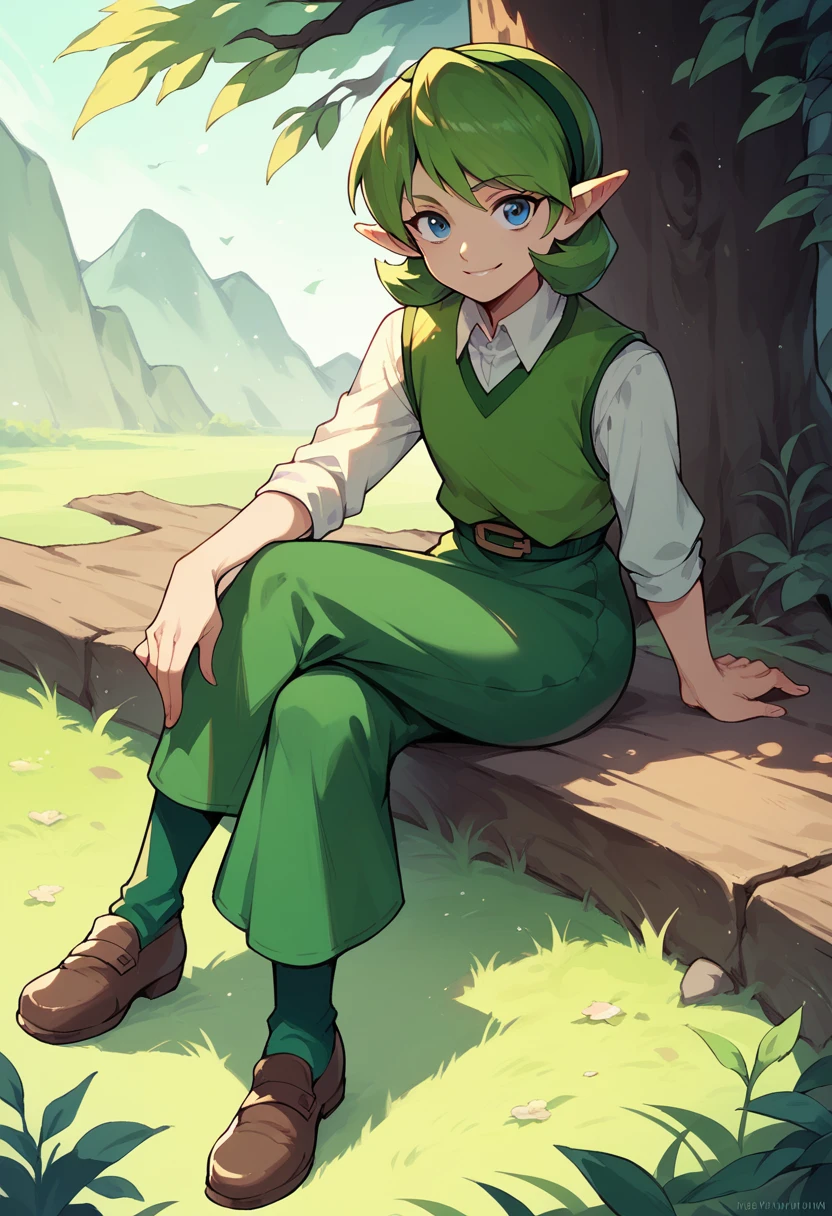 saria, sitting, crossed legs, wood, looking at viewer, smile, green hair, white shirt, brown vest, blue long skirt, brown shoes