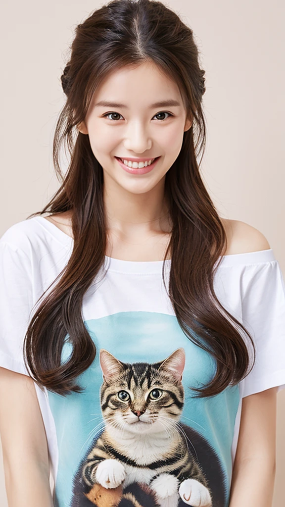 Redrawing Smiling Face Off-the-shoulder T-shirt Holding a Kitten