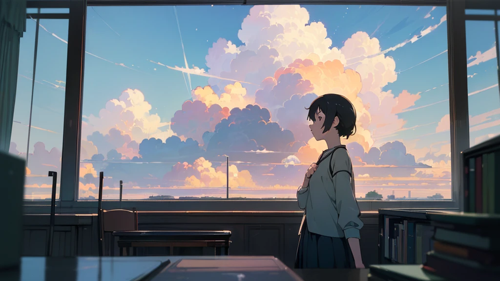 ((anime:1.4,illustration)),(Masterpiece, Highest quality, best quality),(Very detailed, Absolutely resolution.),((16ก, high resolution)), (((girl, study in the library, cat, sky, Cumulonimbus clouds)) ((cozy lofi illustration:1.4)), ((anime:1.4, illustration)),(Masterpiece, Highest quality, best quality),(Very detailed, Absolutely resolution.),((16ก, high resolution)) Take a break {Lofi art, Greasley style, Makoto Shinkai's style, anime aesthetic}, Take a break { (Create images containing more than 40 megapixels of data with detailed, cinematic textures captured with a Sony SLR.).}