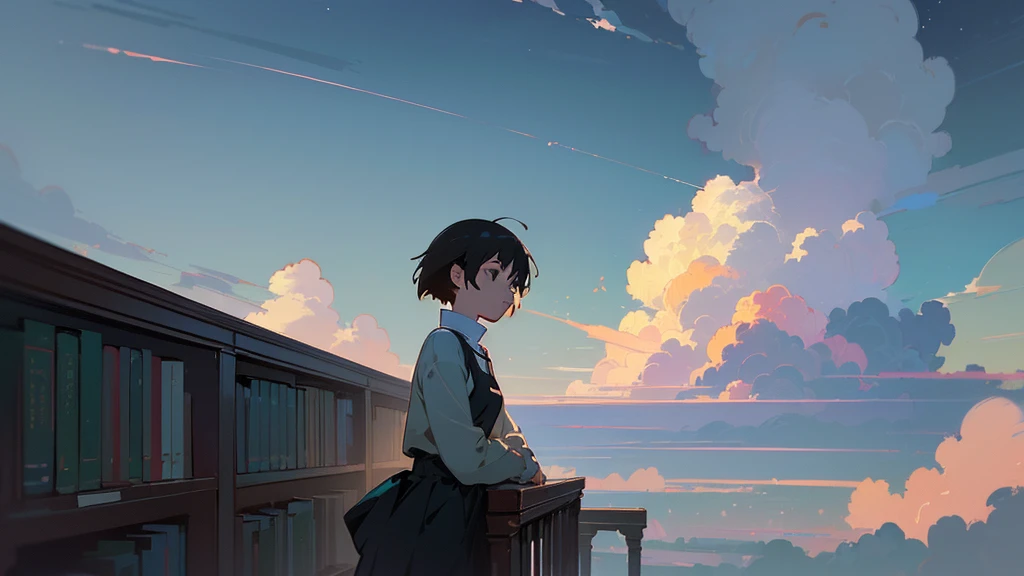 ((anime:1.4,illustration)),(Masterpiece, Highest quality, best quality),(Very detailed, Absolutely resolution.),((16ก, high resolution)), (((girl, study in the library, cat, sky, Cumulonimbus clouds)) ((cozy lofi illustration:1.4)), ((anime:1.4, illustration)),(Masterpiece, Highest quality, best quality),(Very detailed, Absolutely resolution.),((16ก, high resolution)) Take a break {Lofi art,  Greasley style, Makoto Shinkai&#39;s style, anime aesthetic}, Take a break { (Create images containing more than 40 megapixels of data with detailed, cinematic textures captured with a Sony SLR.).}