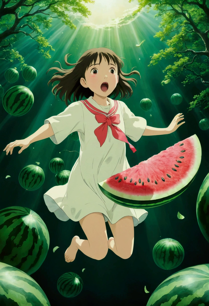 Ghibli summer flying Watermelon ghost Surprised girl